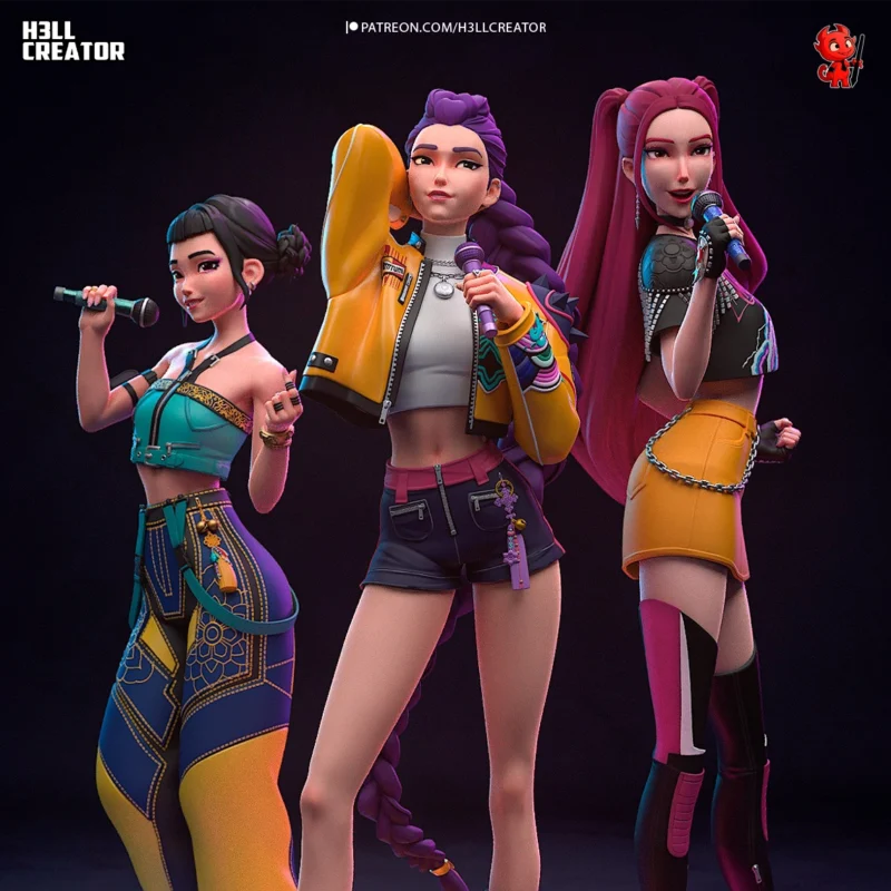 k-pop-demon-hunters-rumi-mira-zoey-from-huntrix-diorama-model-by-h3ll-creator-3d-printed-resin-garage-kit